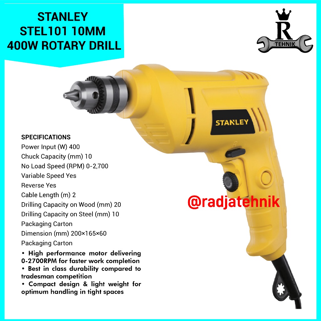 STANLEY  STEL101 DRILL  10MM Rotary Drill 400W  Mesin Rotary Drill  Alat Tukang Serbaguna