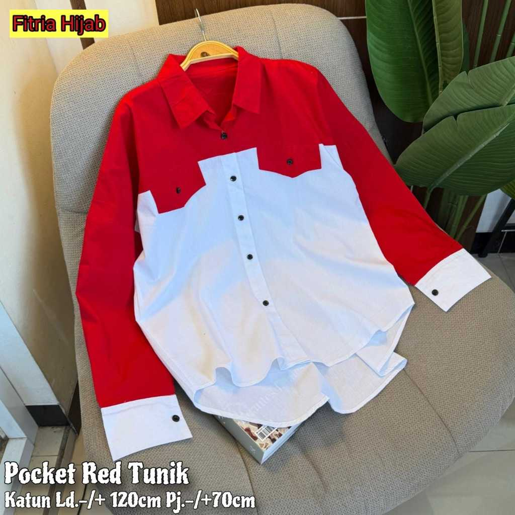 Pocket tunik baju atasan wanita jumbo ld 120 katun polos merah putih agustusan kemerdekaan terbaru