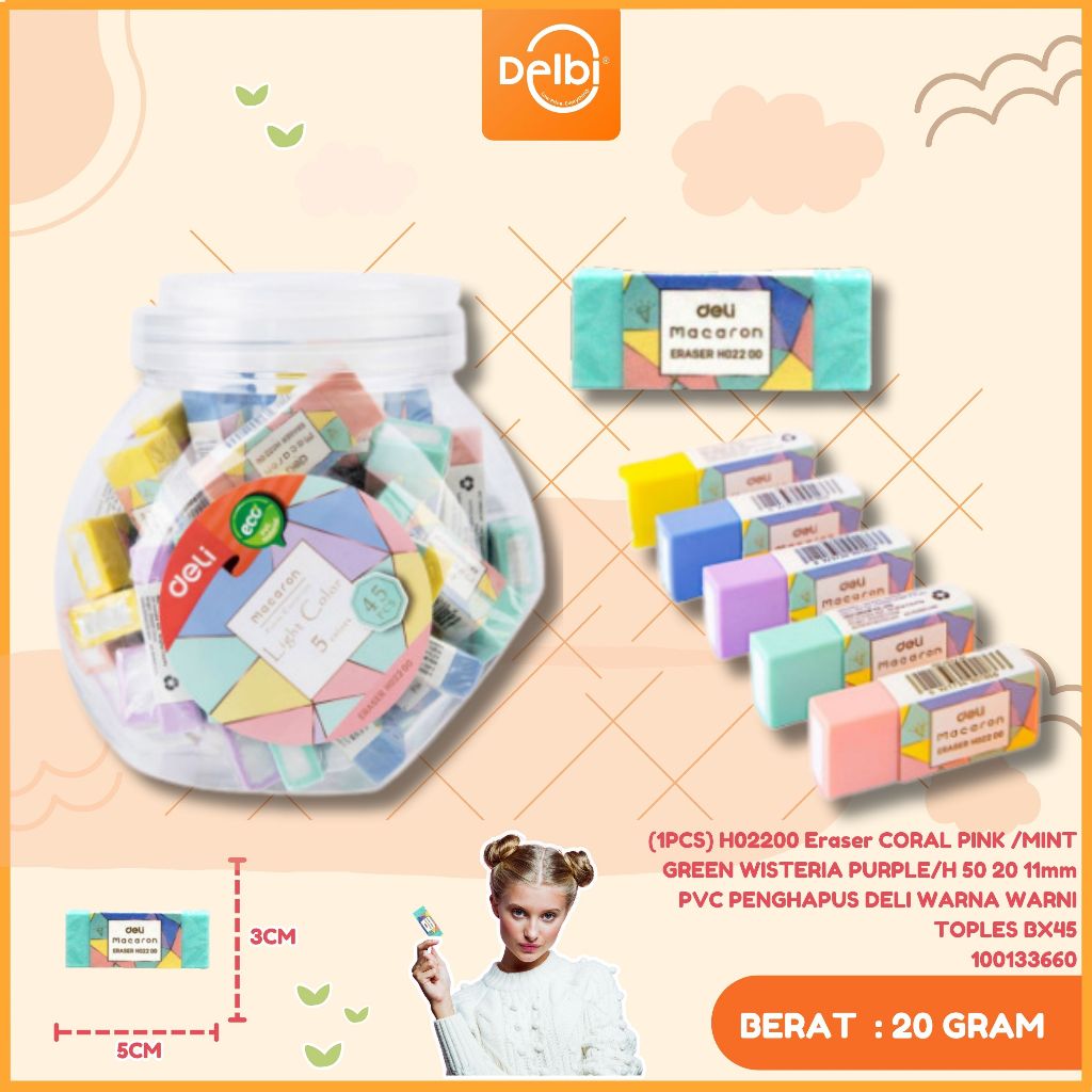 

Penghapus pensil deli EH02200 / eraser / stip warna warni pastel 1 pcs (1PCS) H02200 Eraser CORAL PINK /MINT GREEN WISTERIA PURPLE/H 50 20 11mm PVC
