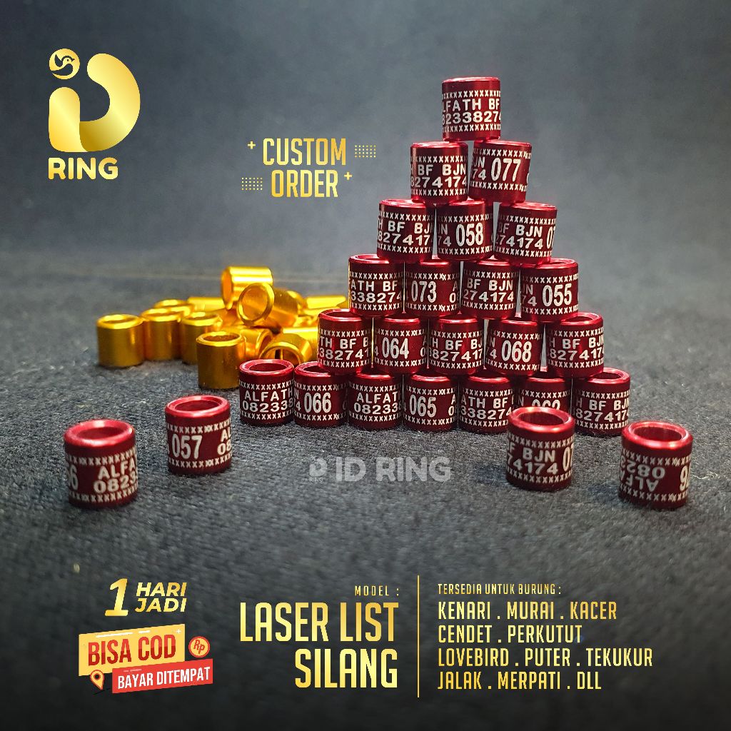 ID Ring | Laser Lis Silang | Bisa Custome Untuk 15 Pcs | Ring Burung Merpati, kenari, murai dll