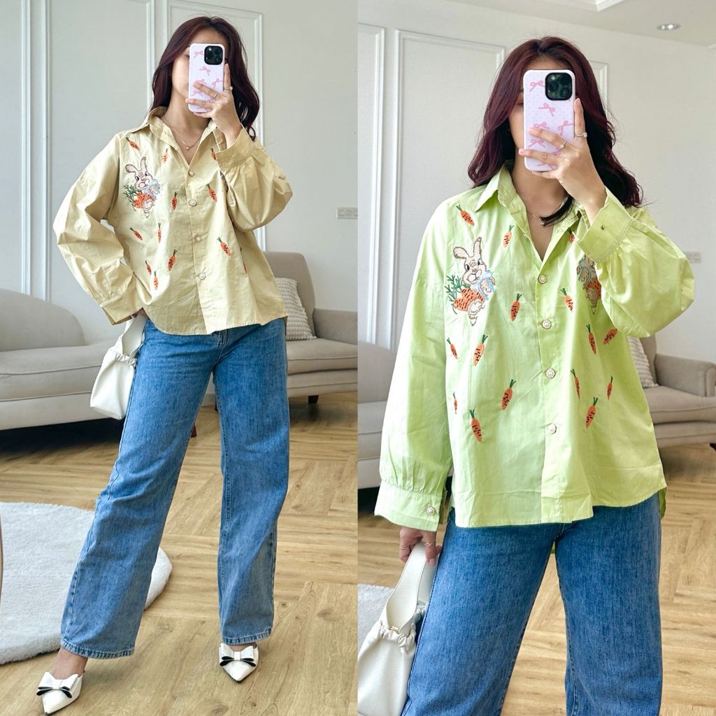 [ Deirly ] Kemeja Oversized Jumbo Bordir Gambar Kelinci Wortel Lucu Katun Poplin