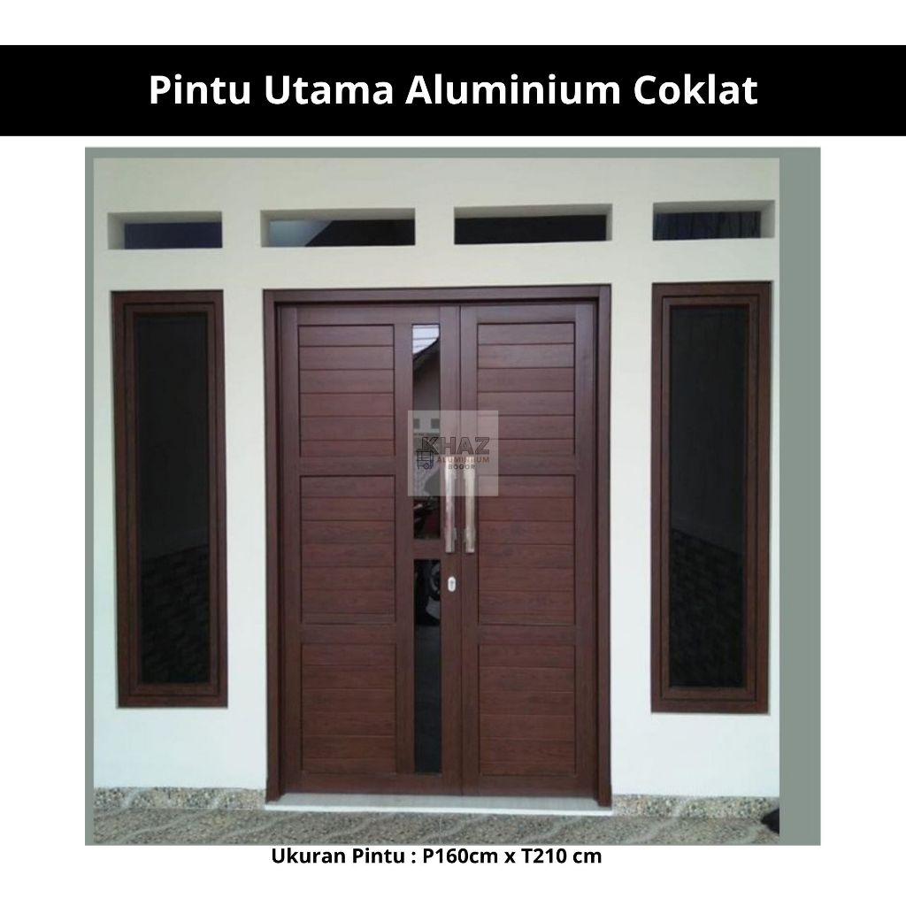 Pintu Utama Aluminium Coklat Serat Kayu 2 Daun Kupu-Kupu Ukuran 160x210cm | Anti Rayap & Tahan Cuaca