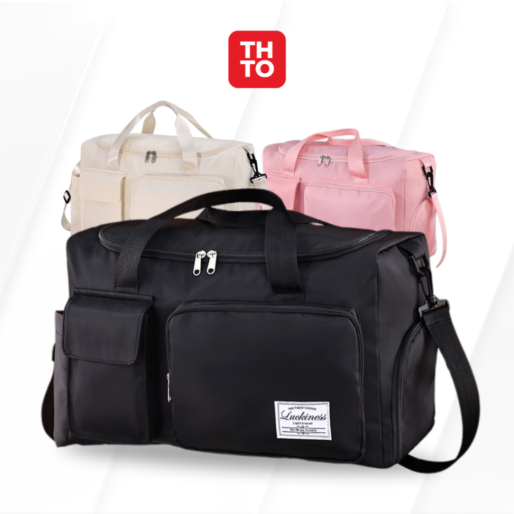THTO Tas Gym / Tas Travel Olahraga Nylon Hitam Pink Putih - Ukuran Besar - Pria Wanita Unisex A198