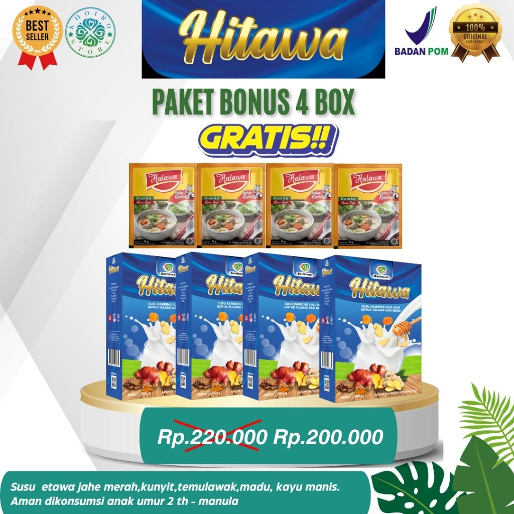

[ COD + GARANSI ] [PAKET BONUS] HITAWA Susu Kambing Etawa Plus Herbal Rempah Premium Terbaik Atas Nyeri Sendi/ Rematik/ Asam Urat/ Kolestrol/ Saraf Kejepit/ Retak Tulang (Susu Jahe) 200gr BPOM