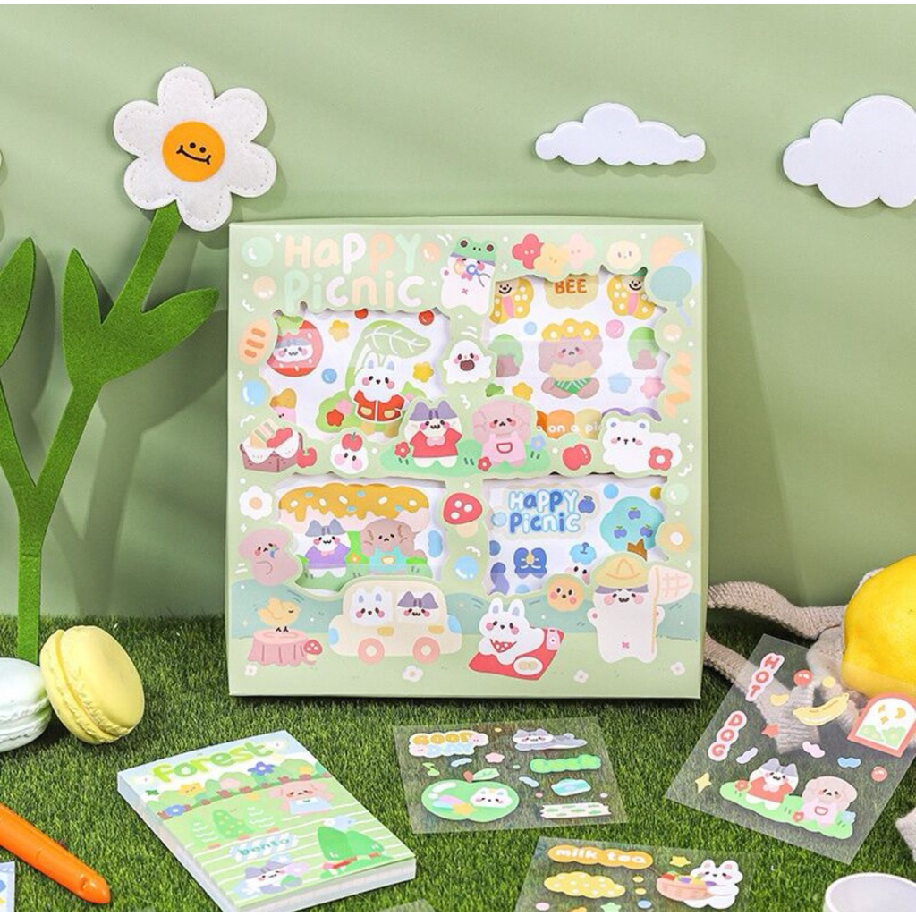 

100 LEMBAR HAPPY PICNIC Sticker Anak Dekor Anti AIR/ PET Tumblr/ Estetik/ Jurnaling/ Diary/ Hp Laptop