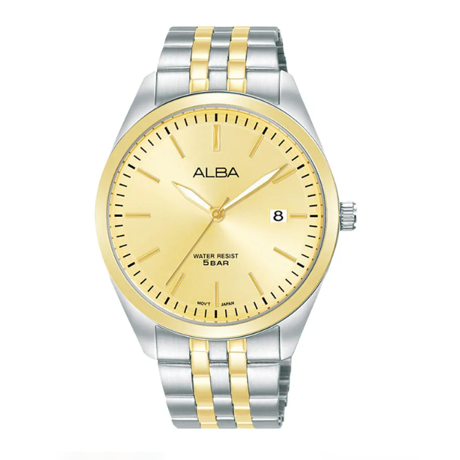 Jam Tangan Pria Alba Prestige AS9S10 AS9S10X1 Strap Stainless Steel Dual Tone Color Silver Gold Dial