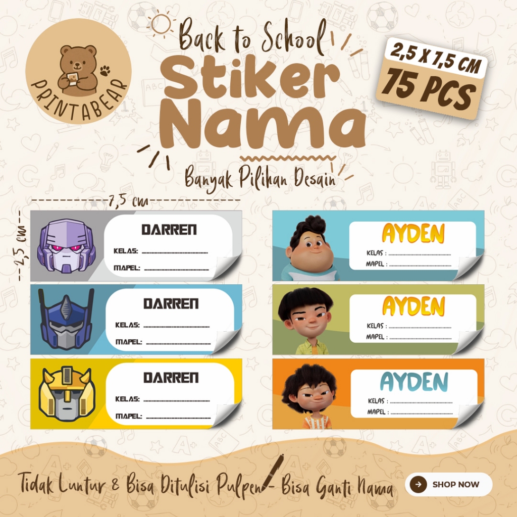 

[75 PCS] 03A-STICKER NAMA BISA DITULISI PULPEN ukuran 2,5x7,5cm / Stiker Buku Mata Pelajaran Sekolah