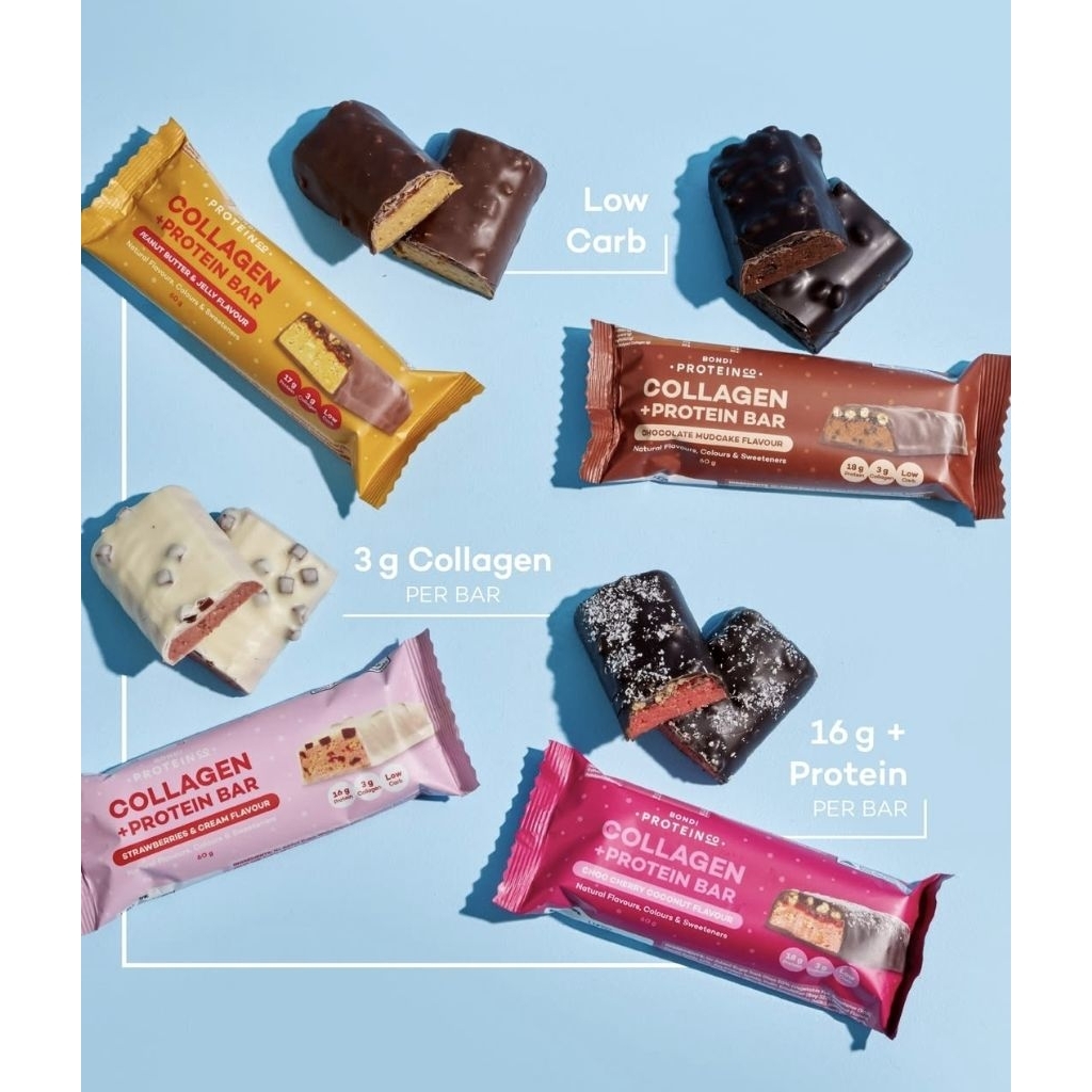 

Bondi Protein Collagen Protein Bar Choc Cherry Coconut Bondi Protein Collagen Protein Bar Peanut Butter & Jelly 60g