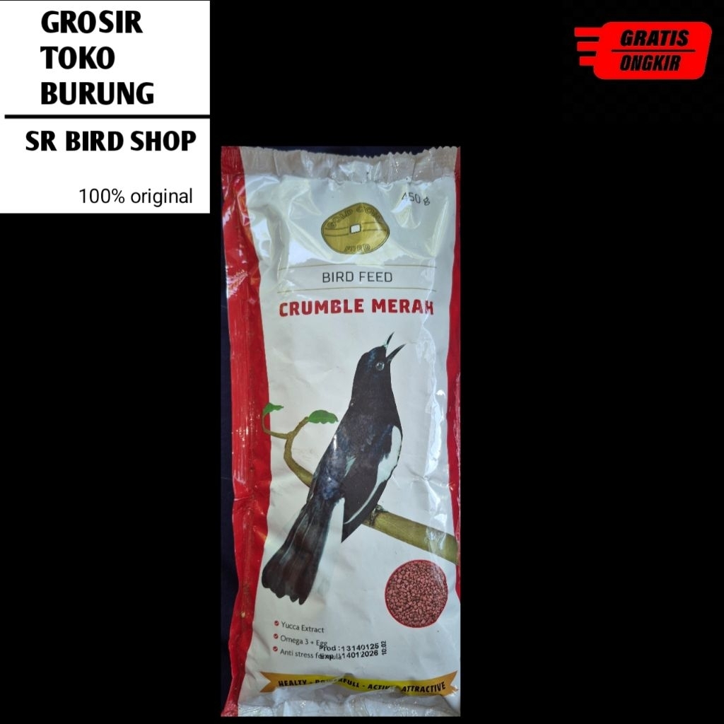 GOLDCOIN CRUMBLE MERAH 450GRAM VOER BURUNG KACER JALAK MURAI DLL