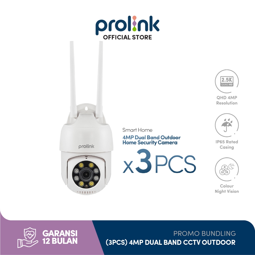 Bundle 3 pcs Prolink 4MP Smart IP Cam CCTV Wifi Dual Band Outdoor QHD | 360° View | Resolusi 2,5K Ka