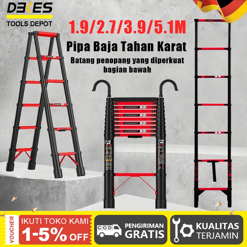 DEKES Tangga Teleskopik Baja Karbon Portabel Tangga Lipat 5.1M / Tangga Teleskopik Baja Karbonanti s
