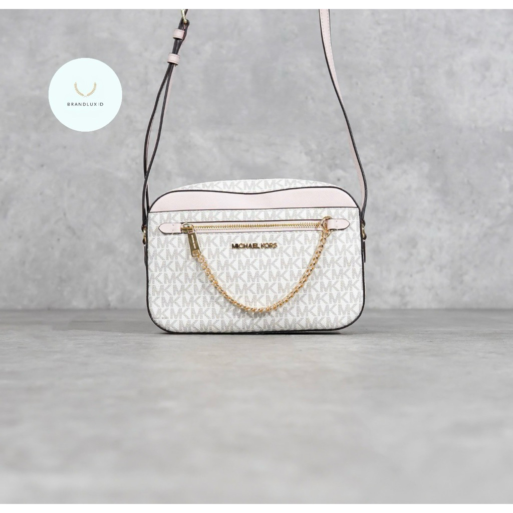 Michael Kors MK Monogram White Chain Camera Bag with Long Strap in Pink