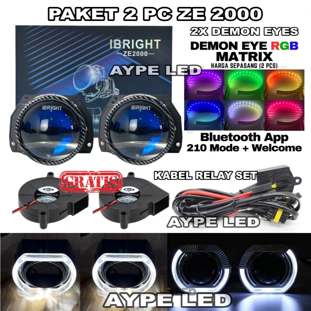 Paket Hemat Double Biled ibright ZE 2000 3 inch Bluelens 81 Watt Tinggal Pasang Pnp Biled Projector 
