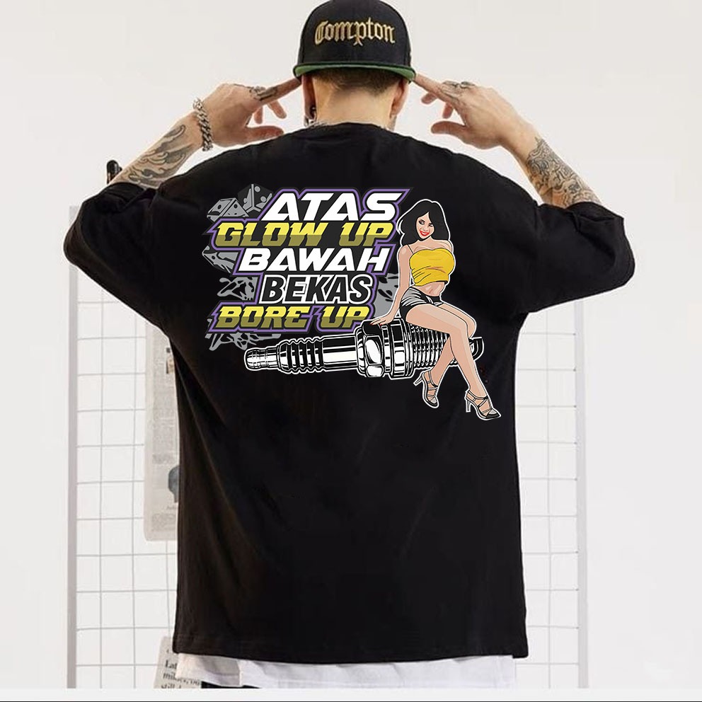 KAOS ATASAN OBLONG PRIA MOTIF ATAS GLOWUP BAWAH BEKAS BORE UP DEPAN BELAKANG KAOS DEWASA LENGAN PEND