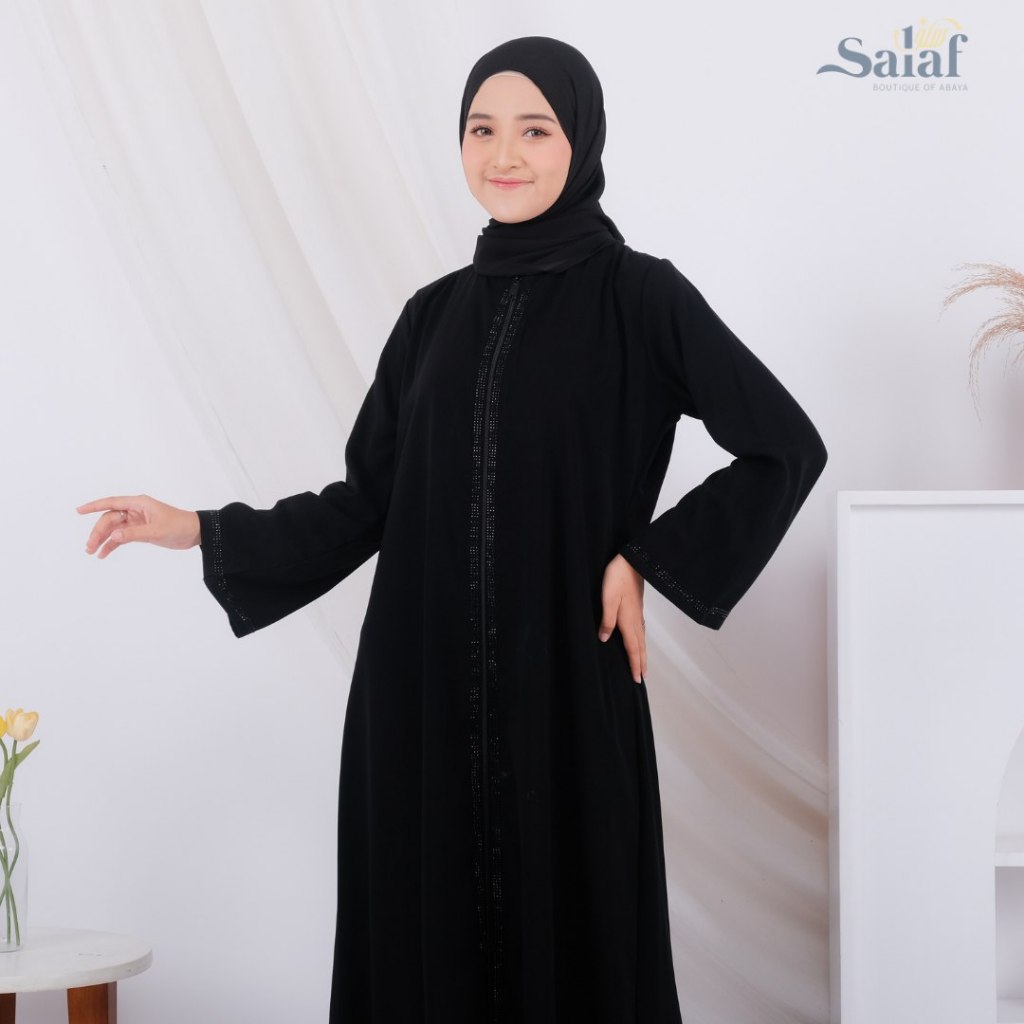 Abaya Busui Gamis Resleting Depan Swaroski Hitam Bahan Jetblack / Abaya Hitam