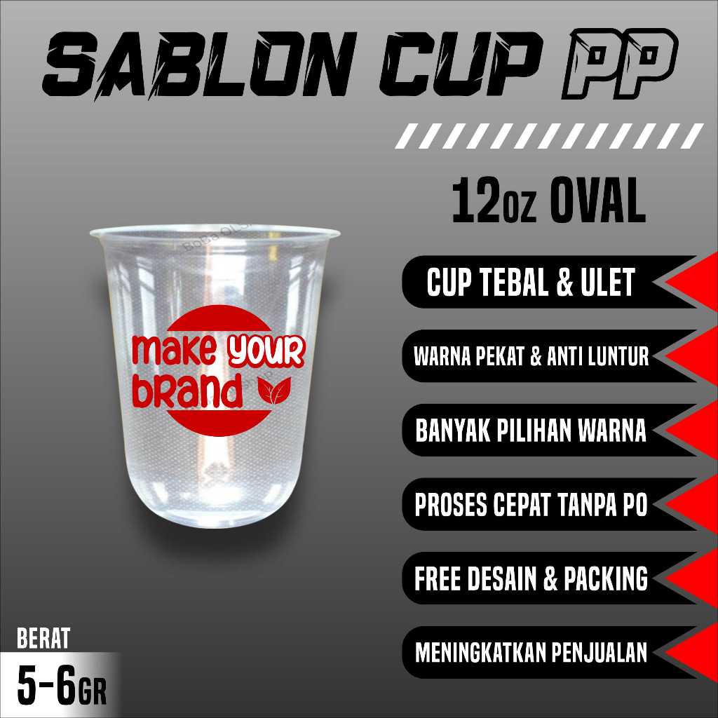 Sablon Gelas Cup PP 12oz Oval Free Desain Bebas Request (Gratis Sedotan)