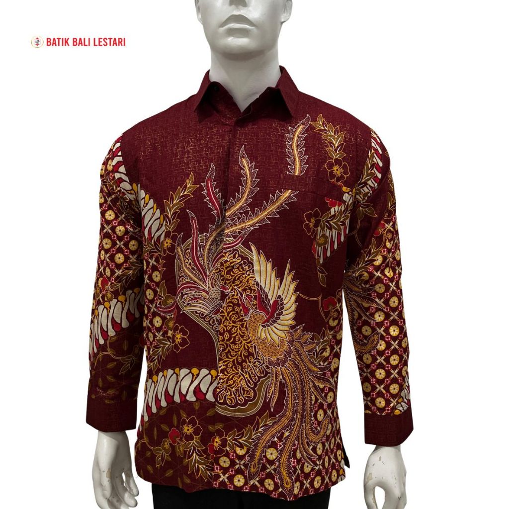 Batik Bali Lestari Kemeja Pria Lengan Panjang Merah Katun Prada (UPM)