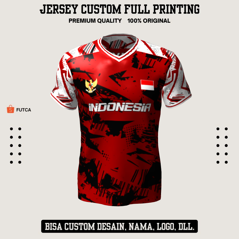 Kaos Jersey Futsal Merah Hitam Putih Motif Abstrak 427 - Jersey Olahraga Custom Full Printing