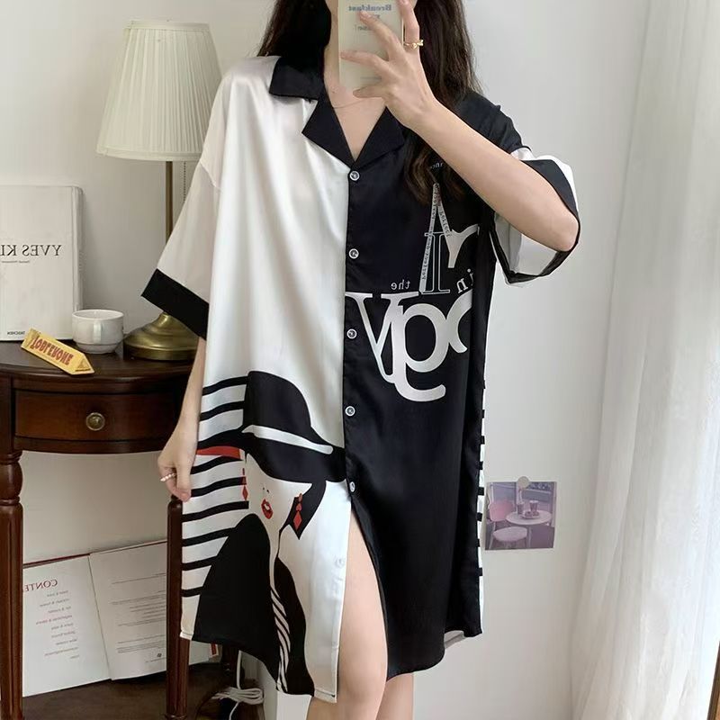 Sleepwear Dress Tidur Wanita Korea Style Piyama Dress Kemeja Wanita Sexy Jumbo Sutra Es Kekinian