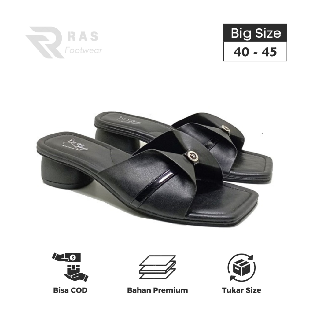 Sandal Heels Clogs Hitam Hak Rendah 3cm Ukuran Jumbo Besar / Sandal Pesta Wanita Jumbo