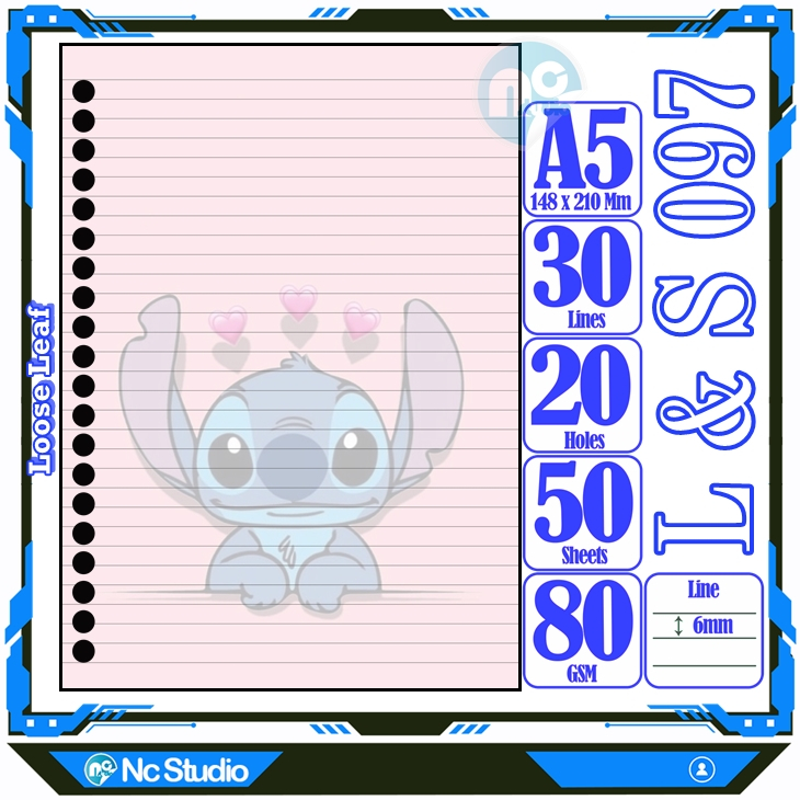 

Loose leaf Kertas binder A5 Isi 50 Lembar Polos karakter Lilo & Steach kartun lucu autestic autestik Estetik Buku Refil isi ulang lucu warna warni bergambar garis Repil Vol-1