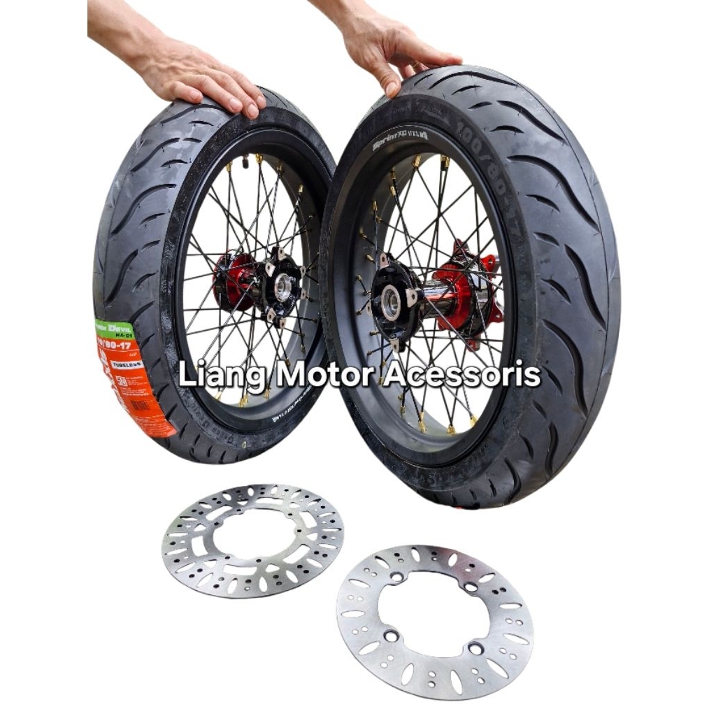 (Honda CRF 150 L / Series KHUSUS) Sepaket Velg Supermoto Ring 17 Tromol Set Jari2 Plus Ban Maxxis Bo