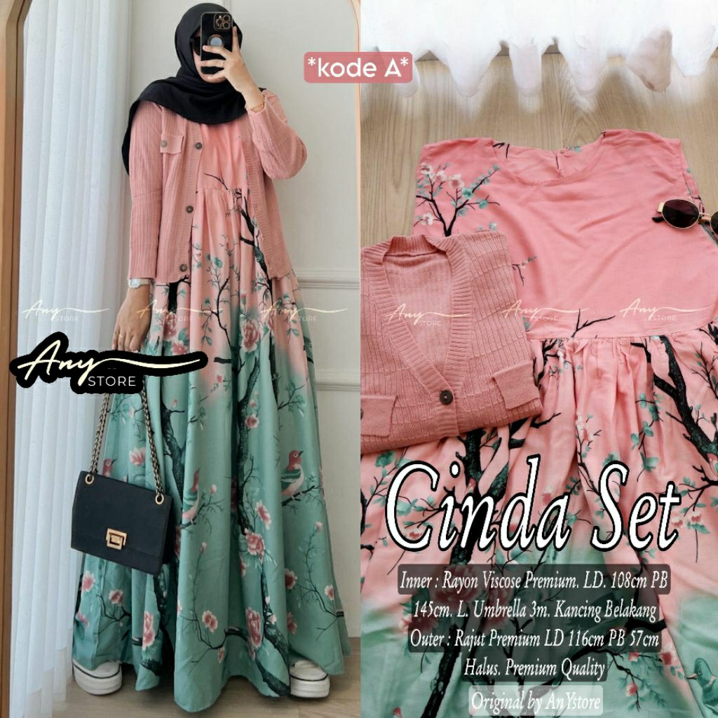 Cinda set dress rayon tanpa lengan outer rajut wanita remaja