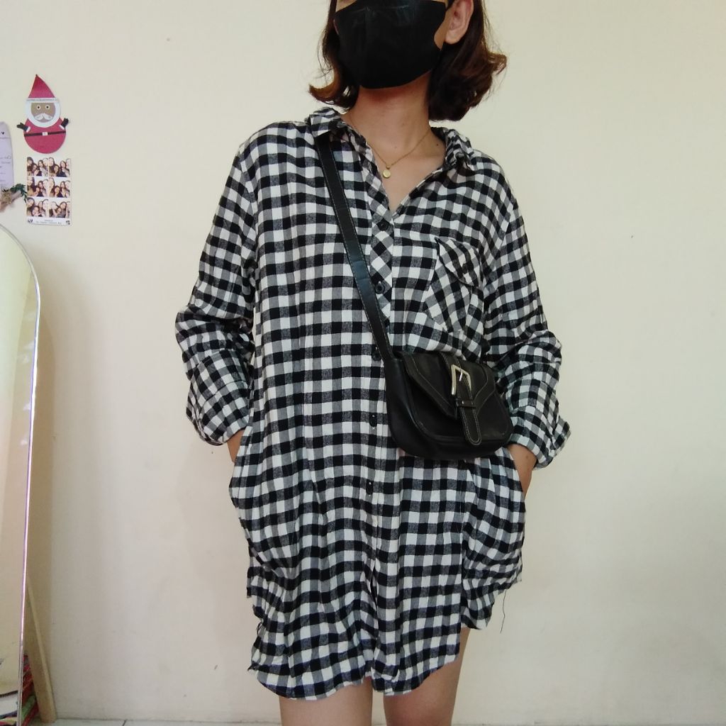 Kemeja Flanel Tunik Lengan Panjang Kemeja Kotak Kotak Panjang