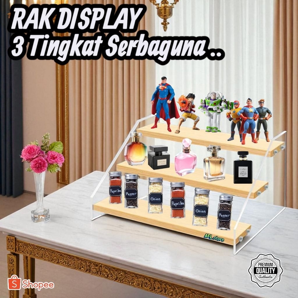 rak display akrilik 3susun/tempat makup/rak aksesoris meja/rak akrilik serbaguna panjang cm sampai 6