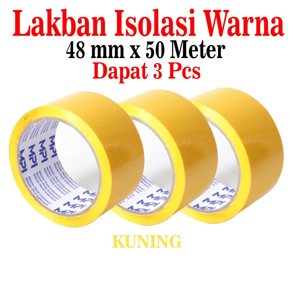 3 PCS - Lakban Warna Kuning 48 mm x 50 Meter - Lakban Warna