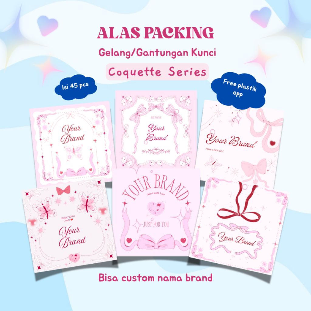 

Alas Packing Coquette Isi 45 FREE PLASTIK 7x7 8x8 9x9 Bisa Custom Desain | Alas Kertas Packaging Produk Aksesoris Gelang Gantungan Kunci Cincin Termurah
