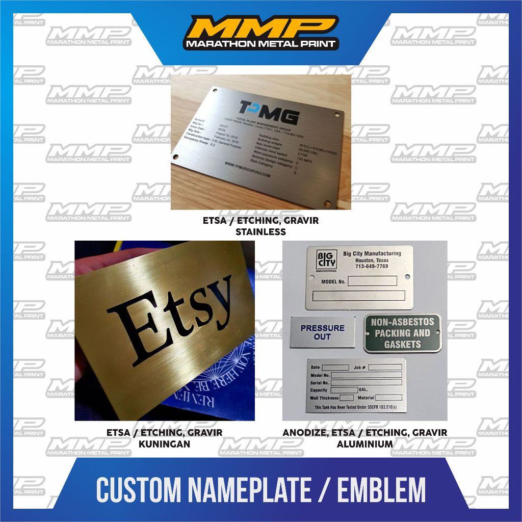 

Name Plate Panel Custom Anodize Alumunium Etsa / Etching, Gravir Stainless Steel dan Kuningan