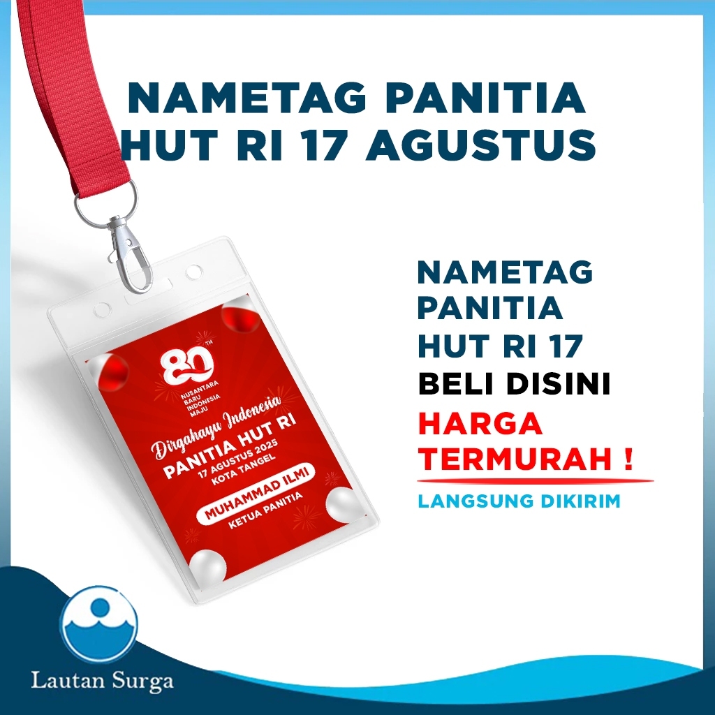 

Cetak Name Tag Kartu Nama Panitia Kemerdekaan HUT RI 17 Agustus Fullset Plastik & Tali Custom Desain