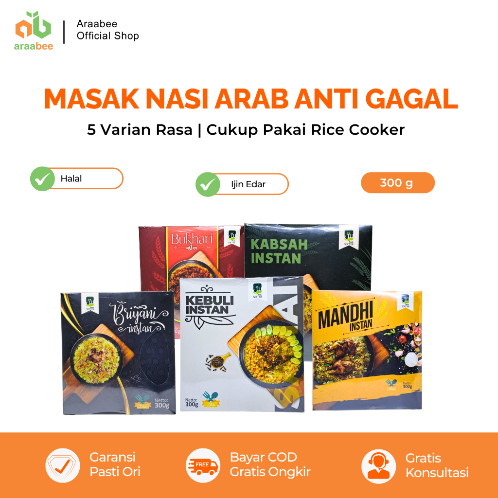 

Nasi Arab & Bumbu Instan Kebuli Mandhi Briyani Kabsah Bukhari Praktis Halal