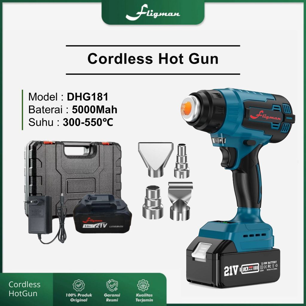 Fligman - HeatGun Baterai Cordless | Heat Gun Mesin Pemanas Portable Tanpa Kabel | HotGun Elektrik