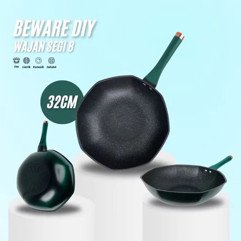 Wajan Batu Medis Anti Lengket Segi 8 32 CM Marble Coating Multifungsi Kitchenware