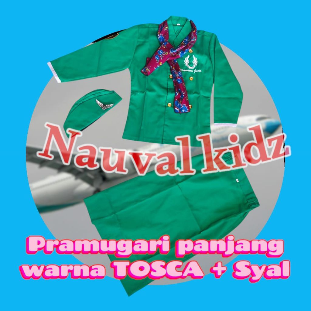 BAJU PRAMUGARI ANAK ROK PANJANG WARNA TOSCA FREE SYAL / PRAMUGARI ANAK HIJAB
