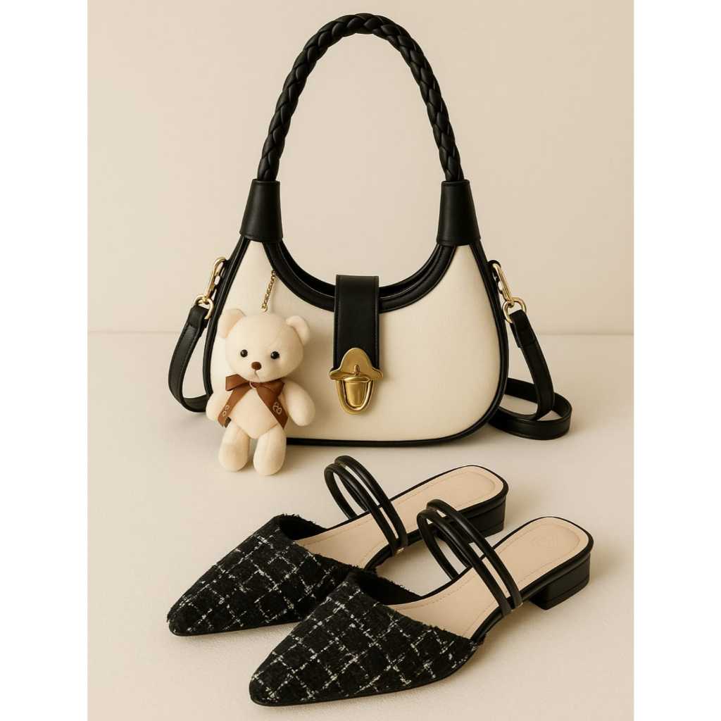 paket hemat 2set sendal wanita  hak3cm vina dan tas wanita slempang bonpita