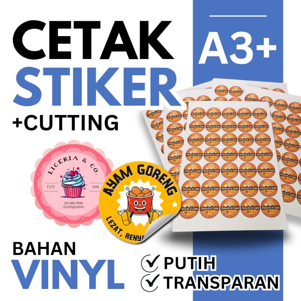 

Cetak Sticker / Stiker A3+ Cutting - Bahan Vinyl - Putih & Transparan