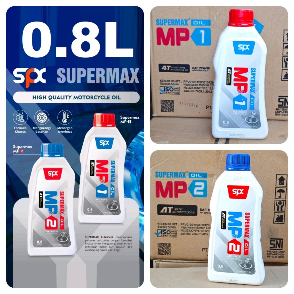 OLI MESIN SUPERMAX MP1 MP2 spc 0.8l 0.8 liter sae 20w 50 10w 30 0.8 800 ml oil 4t japan sni universa