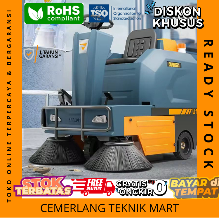 Mesin Sapu Jalan Otomatis Listrik Ride On dengan Vakum Penyedot Debu