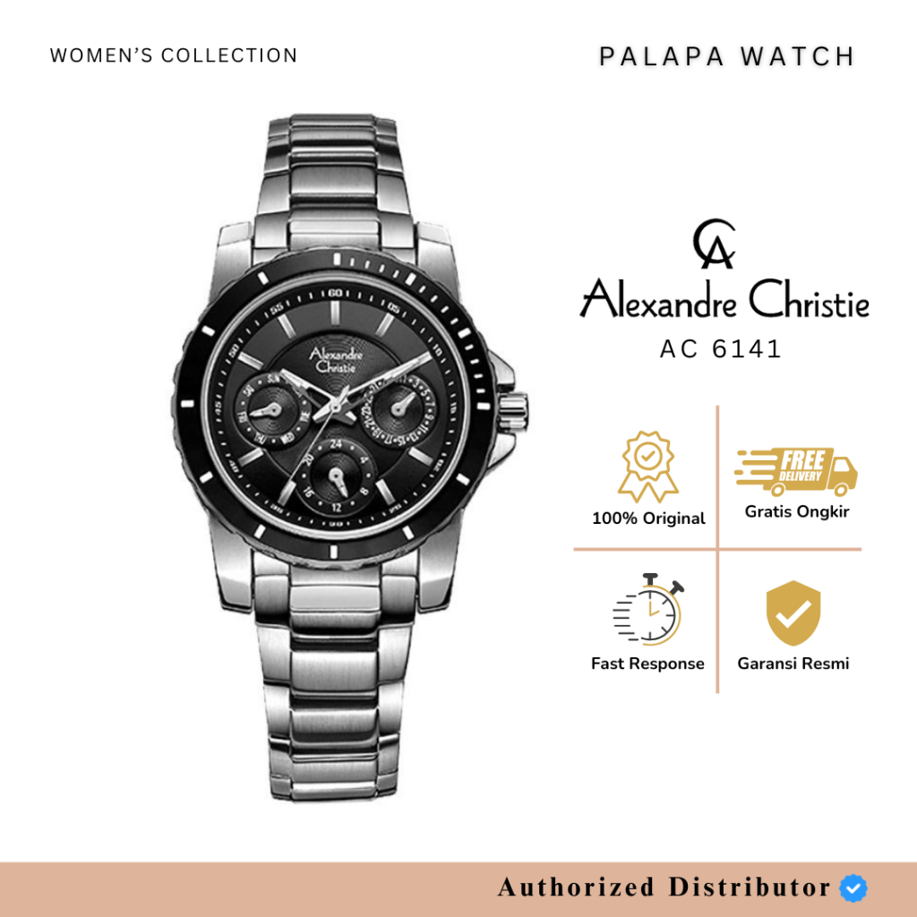 Jam Tangan Wanita Alexandre Christie AC 6141 / AC6141 Silver Black Original