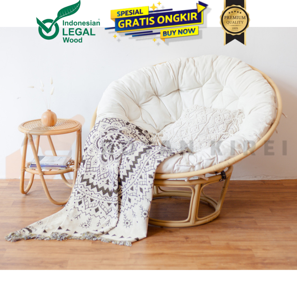 Kursi Santai Papasan Rotan Minimalis Dengan Kasur / Kursi Bulat Besar Parabola Rotan / Sofa Papasan