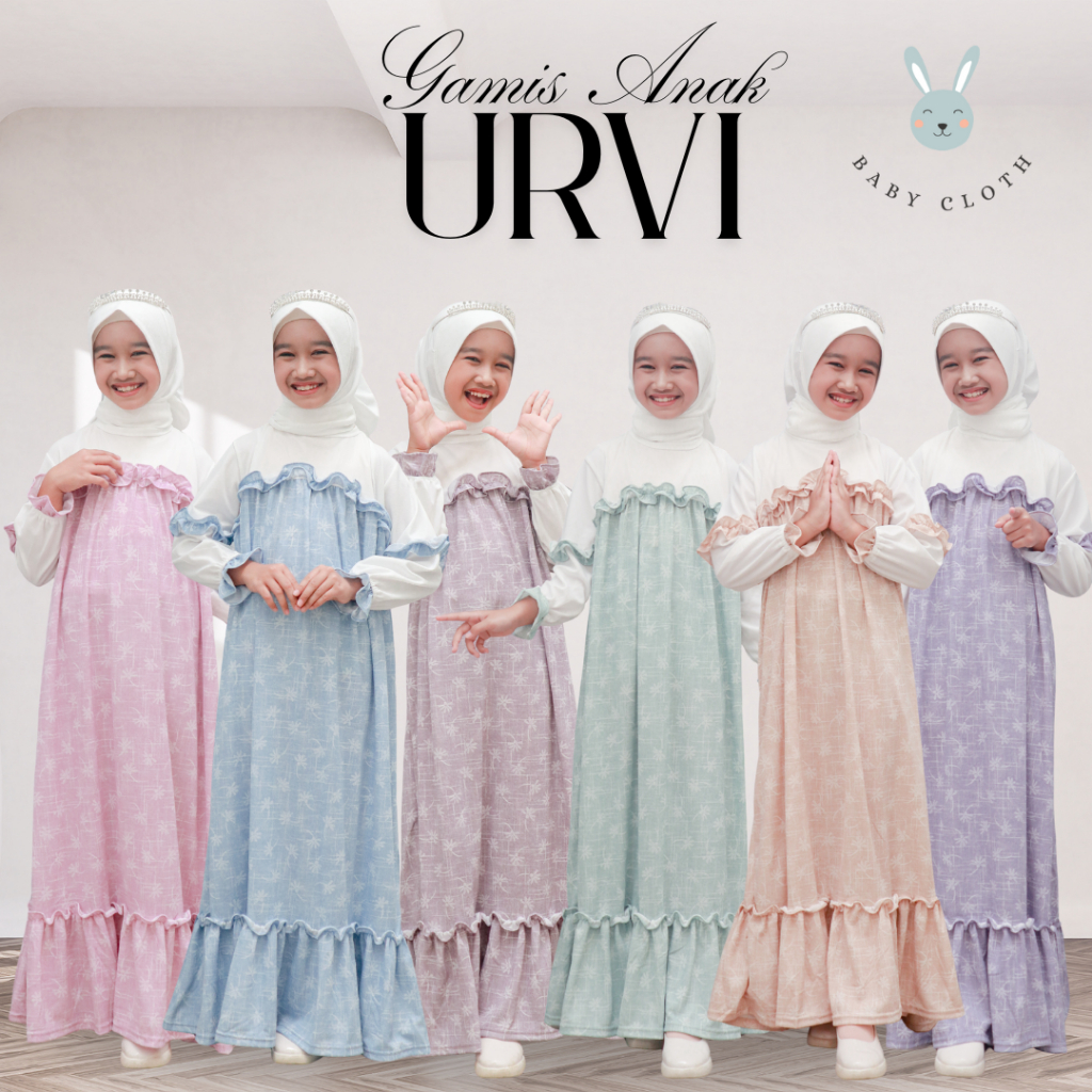 GAMIS+HIJAB ANAK URVI SMLXL BABY.CLOTH UNTUK UMUR 3-14 TAHUN baju muslim  panjang  jilbab  cewek Gam