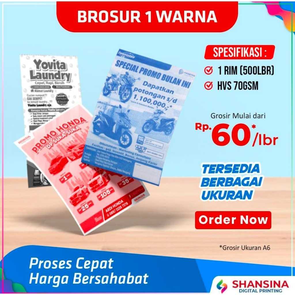 

CETAK BROSUR HVS 1 WARNA 1RIM-F4/A4|A5 |1/3 F4 | 1/4 F4
