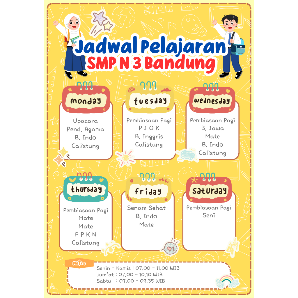 

Custom Jadwal Pelajaran Sekolah - Custom Nama dan Mata Pelajaran - Desain Eksklusif Ukuran A4 - Tema Cheerful Yellow SD dan SMP