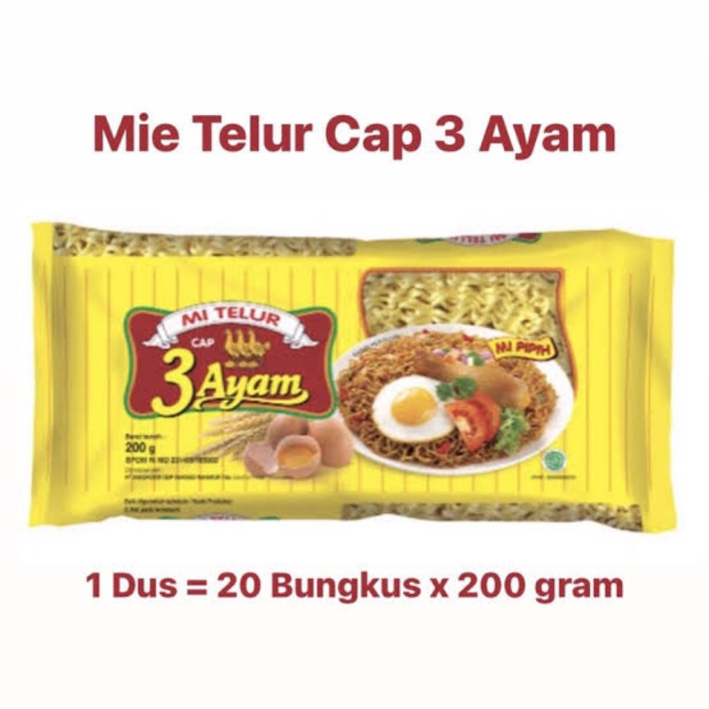 

Mie Telur Cap 3 Ayam (1 Dus = 20pcs x 200gr)
