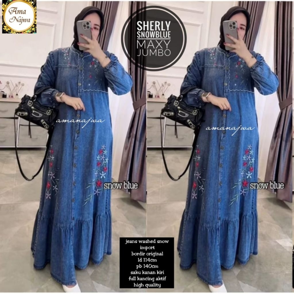 LD 110 | LD 130 Baju Gamis Jeans Washed Snow Bordir SHERLY MAXY JUMBO