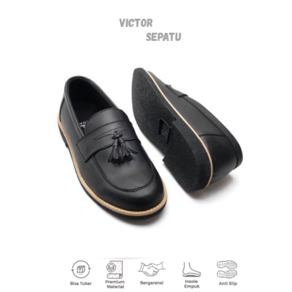 Victor Paris Black - Sepatu Slip On Formal Hitam Pria Kerja Kantor Kuliahan
