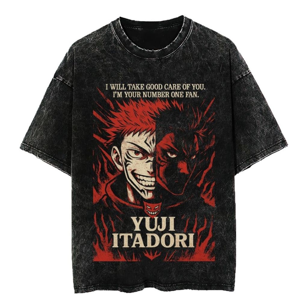 Psycho Crucify "Yuji Itadori" Oversized T-Shirt | Stone Wash | Kaos Oversize | Vintage | Atasan | Ka